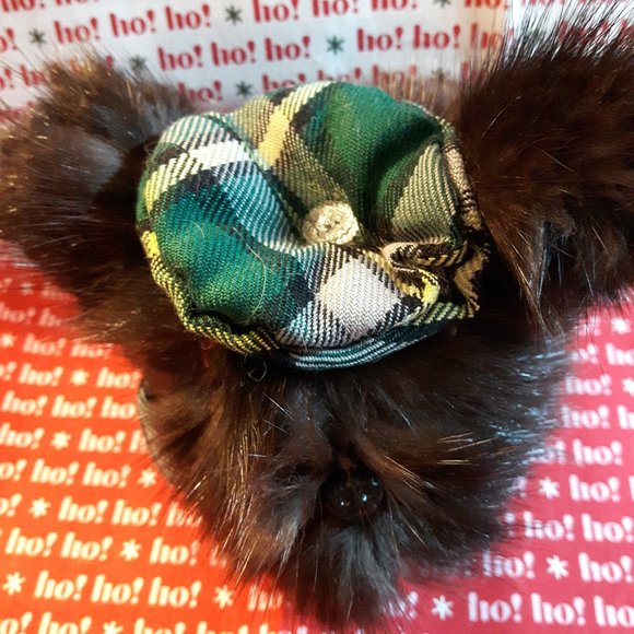 Tartan Teddy Bear Christmas Ornament - Genuine Fur - Muskrat - Picture 3 of 5